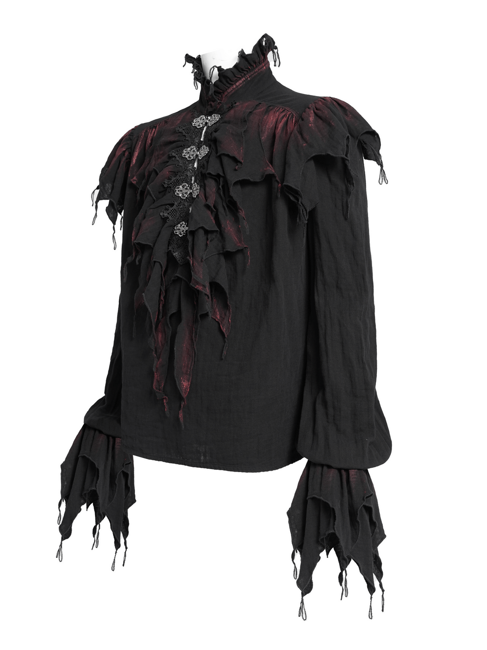 Men's Ruffled Shirt with Silver Clasps and Tattered Sleeves featuring dramatic ruffles and tattered sleeves.