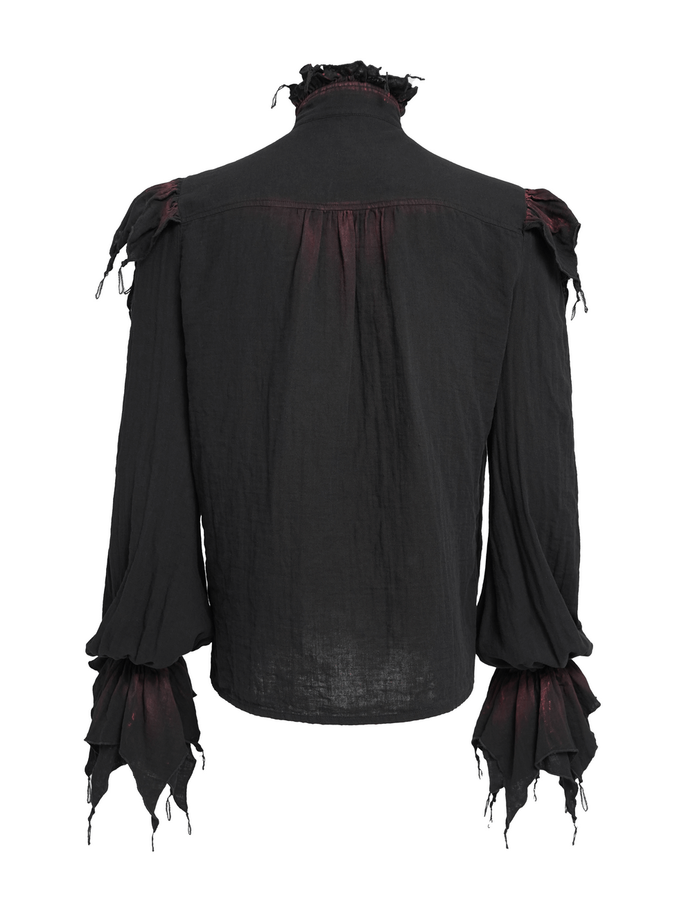 Men's Ruffled Shirt with Silver Clasps and Tattered Sleeves featuring dramatic flared tattered sleeves and a high ruffled collar.