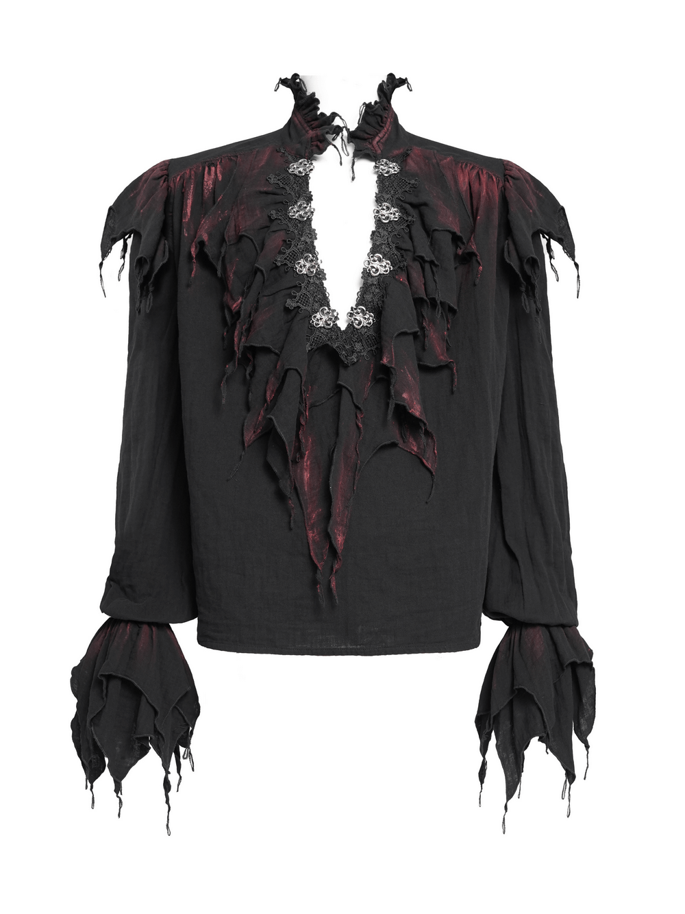Men's Ruffled Shirt with Silver Clasps and Tattered Sleeves featuring cascading ruffles and flared cuffs.
