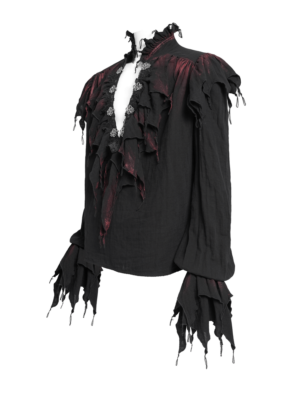 Men's Ruffled Shirt with Silver Clasps and Tattered Sleeves featuring cascading layers and distressed cuffs.