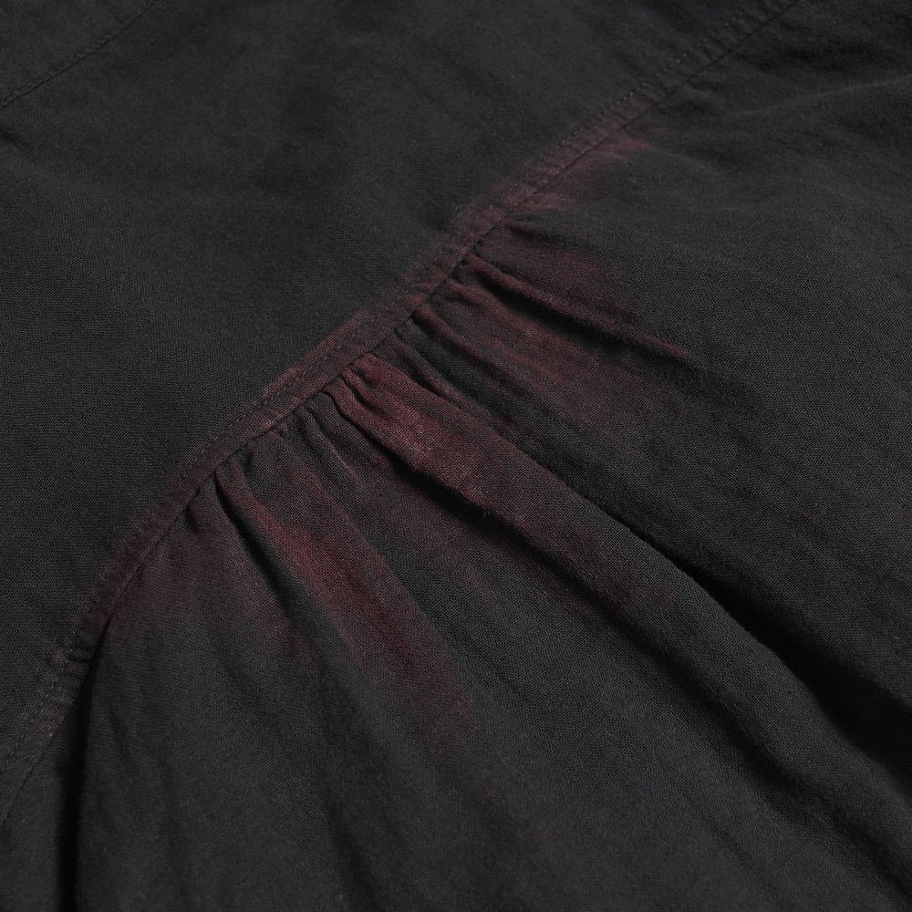 Men's Ruffled Shirt with Silver Clasps and Tattered Sleeves featuring layered ruffles and wine red accents.