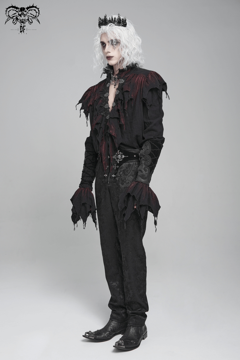 Men's Ruffled Shirt with Silver Clasps and Tattered Sleeves worn by a model with an elegant gothic aesthetic.