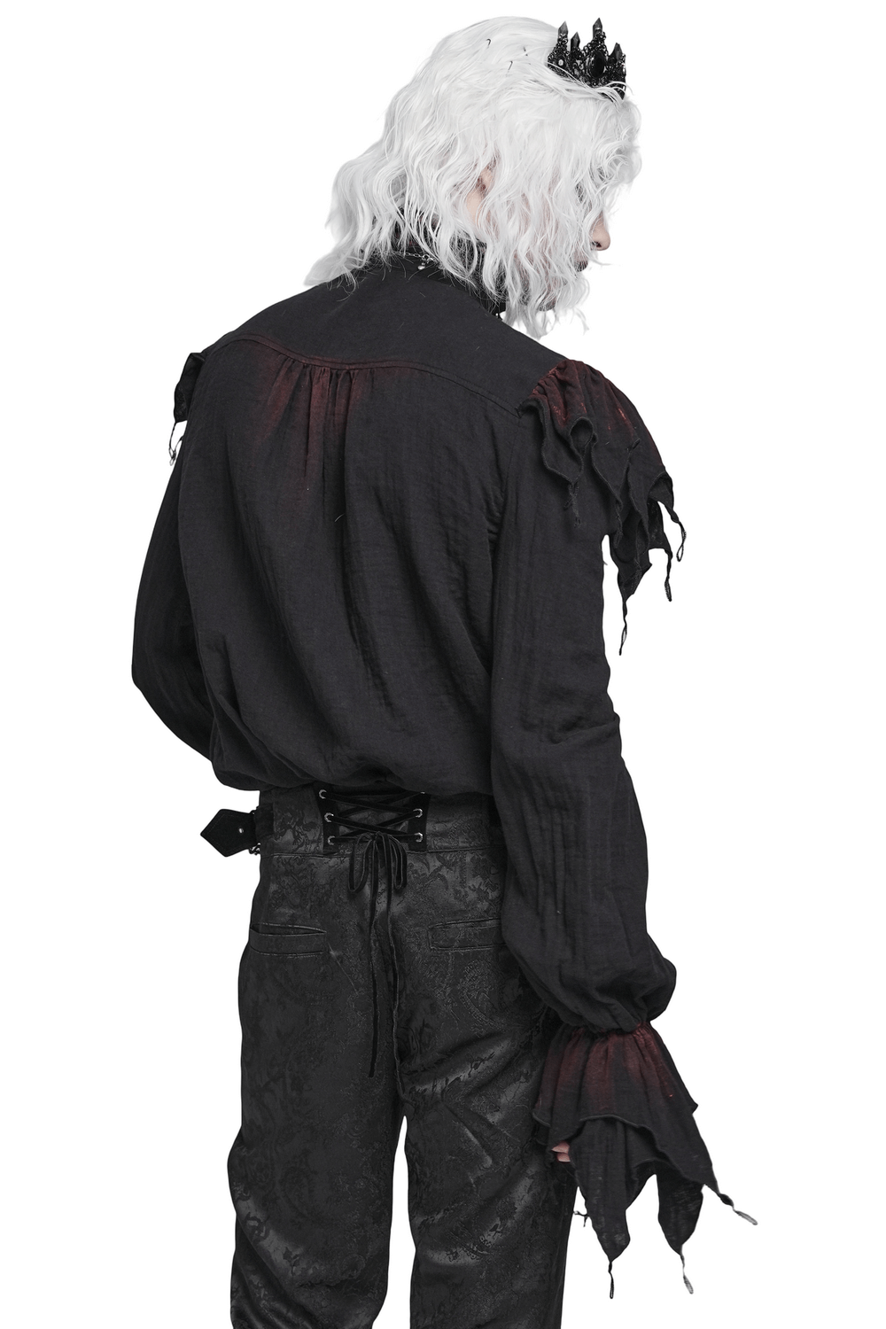 Men's Ruffled Shirt with Silver Clasps and Tattered Sleeves showcasing dramatic ruffled design and flared cuffs.