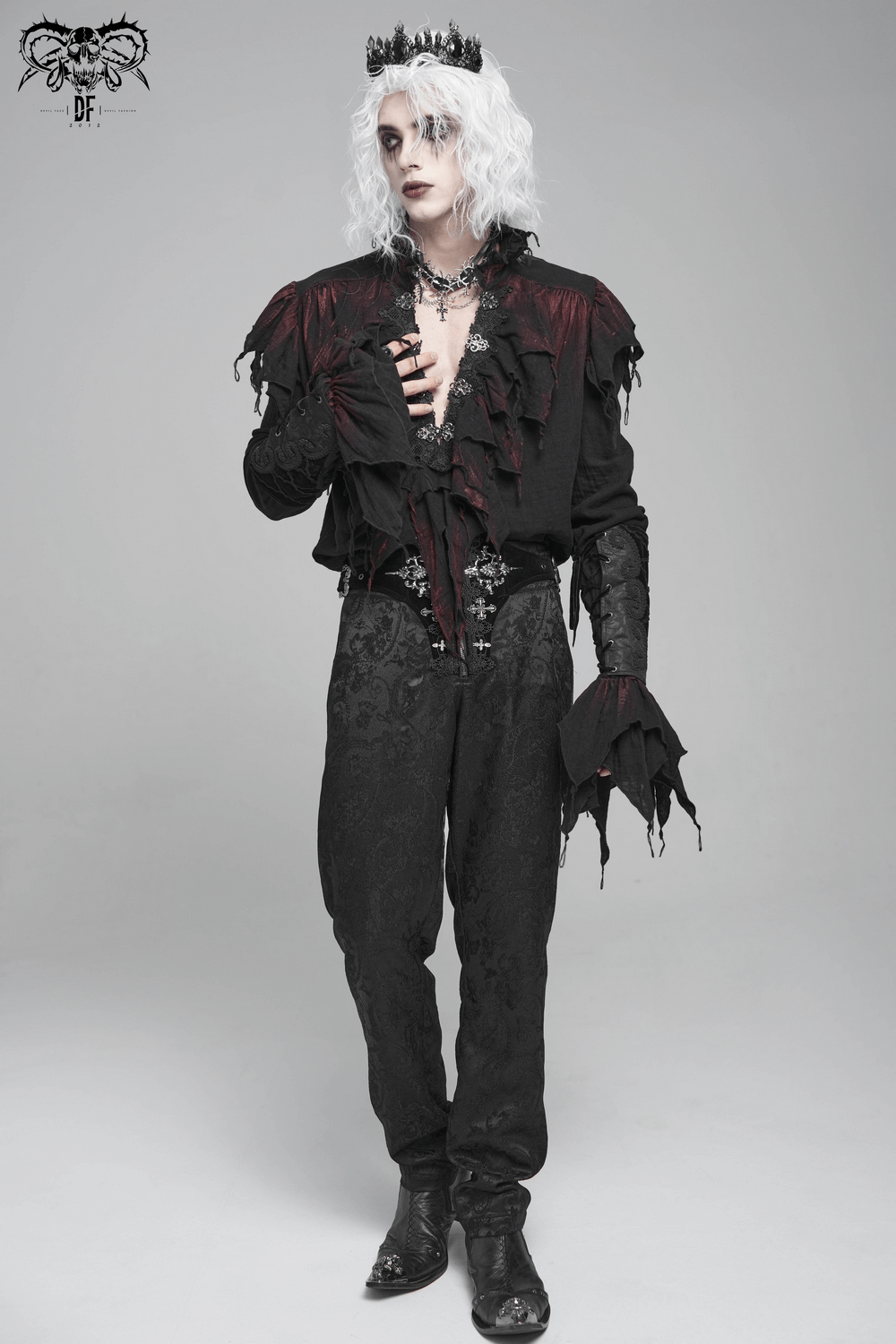 Men's Ruffled Shirt with Silver Clasps and Tattered Sleeves showcased in a dramatic vampire-inspired fashion.