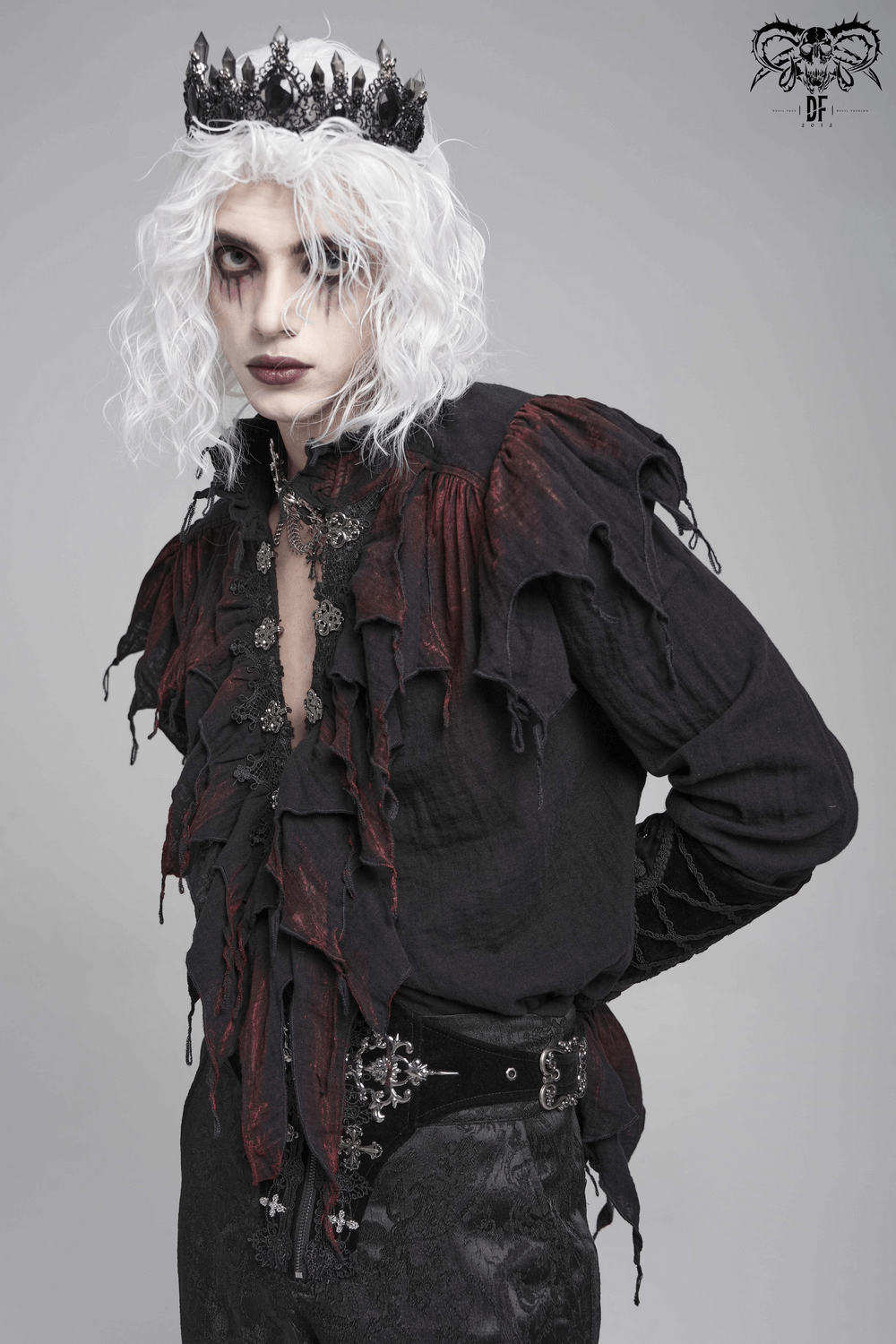 Men's Ruffled Shirt with Silver Clasps and Tattered Sleeves worn by a model with contrasting black and wine red fabric.