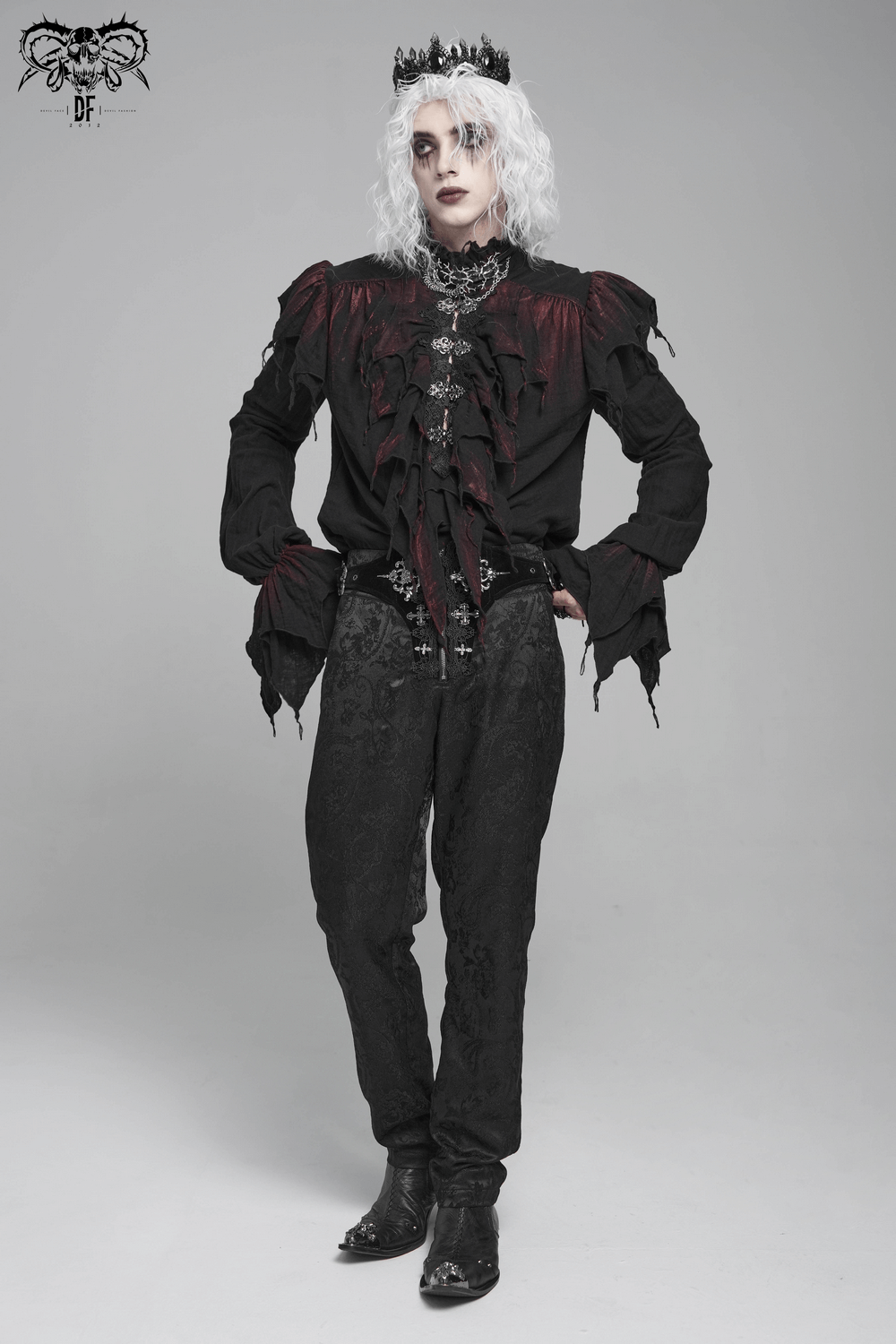 Men's Ruffled Shirt with Silver Clasps and Tattered Sleeves worn by a gothic model with dramatic styling.