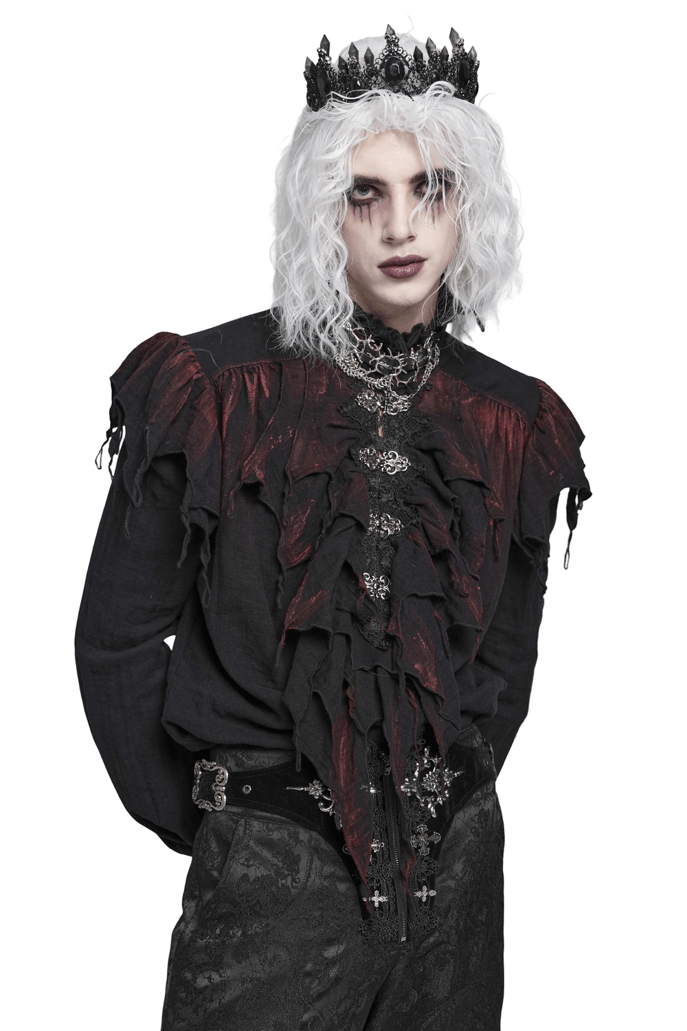 Men's Ruffled Shirt with Silver Clasps and Tattered Sleeves featuring gothic layered ruffles and distressed sleeves.