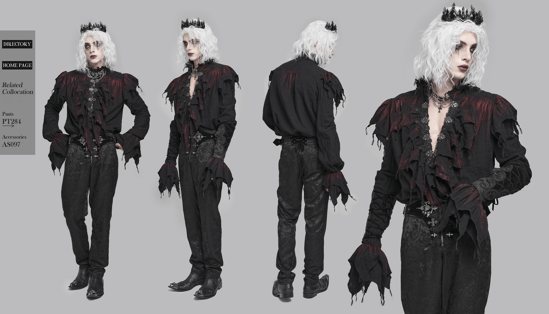 Men's Ruffled Shirt with Silver Clasps and Tattered Sleeves modeled in black and wine red fabric with dramatic ruffles and tattered sleeves.