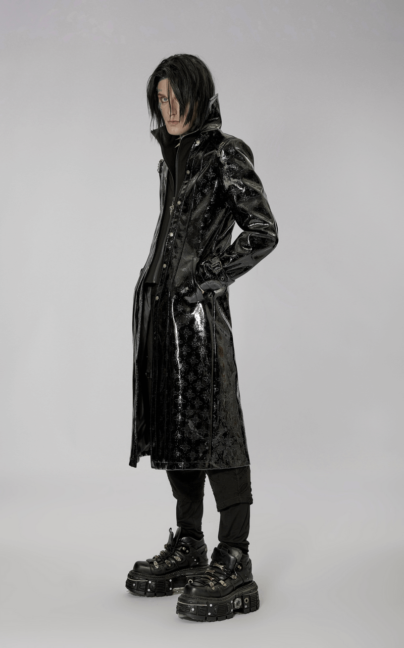 Men's shiny patent leather gothic trench coat with cross detail, showcasing a sleek silhouette and edgy style.