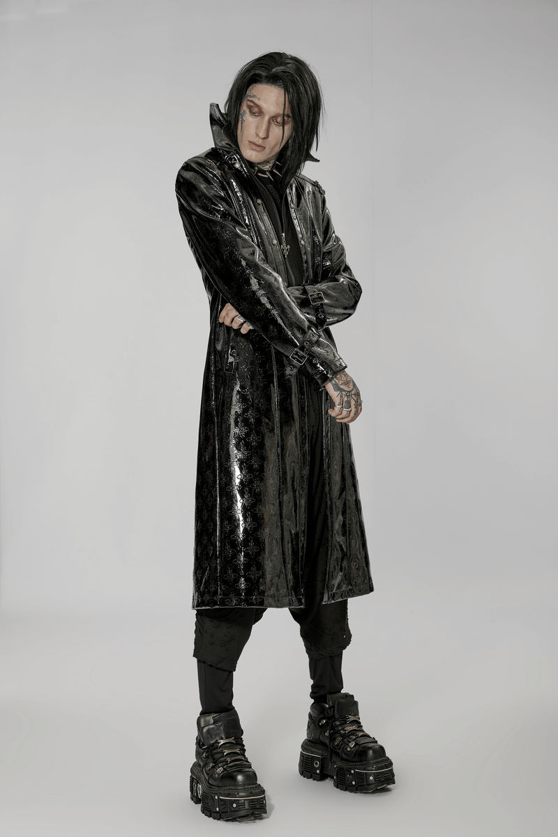 Men's Gothic trench coat in shiny patent leather with cross detail, showcasing a sleek silhouette and stylish design.
