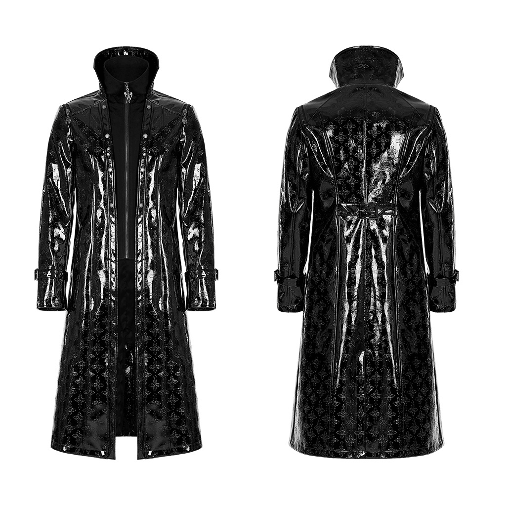 Men's shiny patent leather gothic trench coat with cross detail, showcasing a sleek black design from front and back.