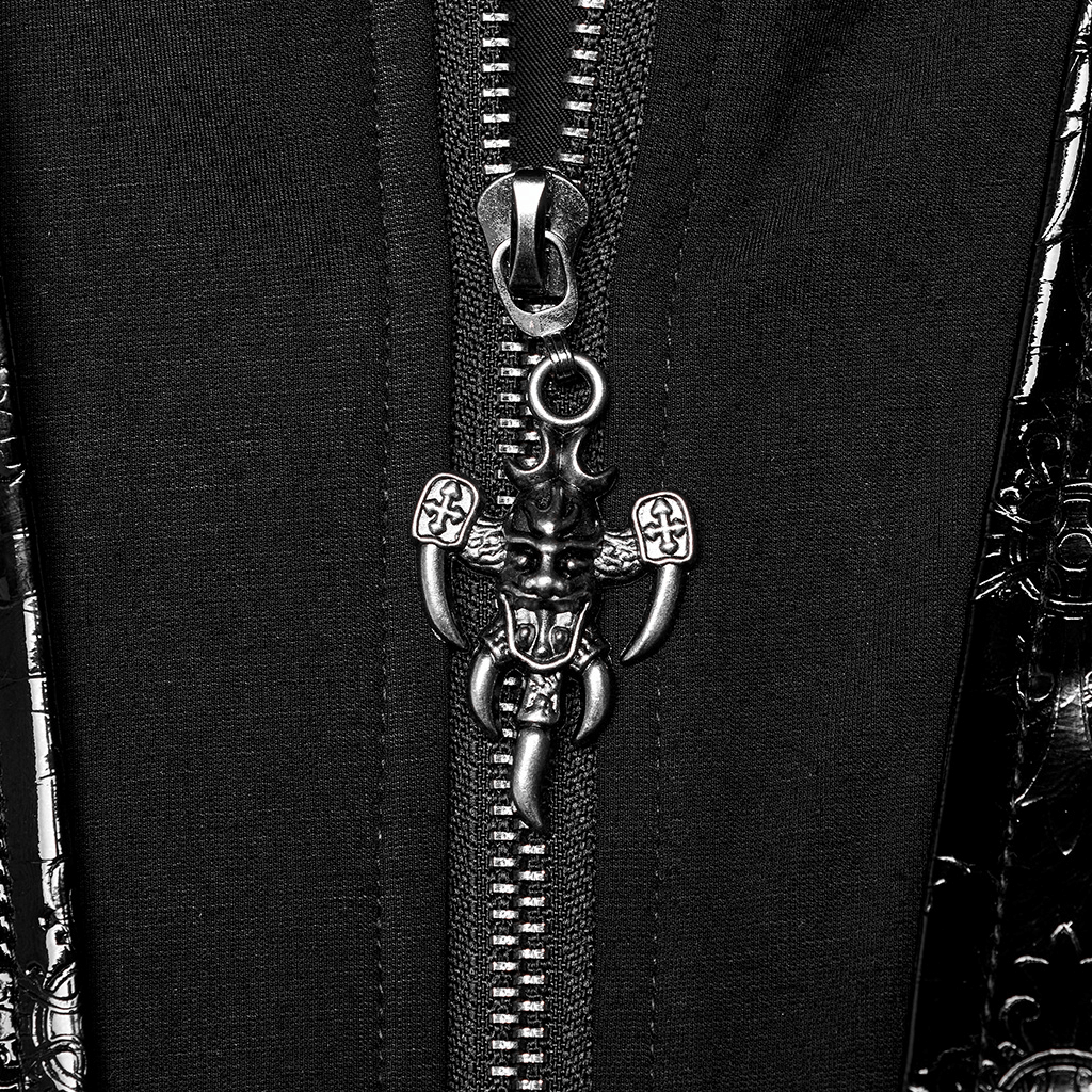 Gothic zipper detail featuring a unique metal pull with intricate design, enhancing the stylish trench coat.