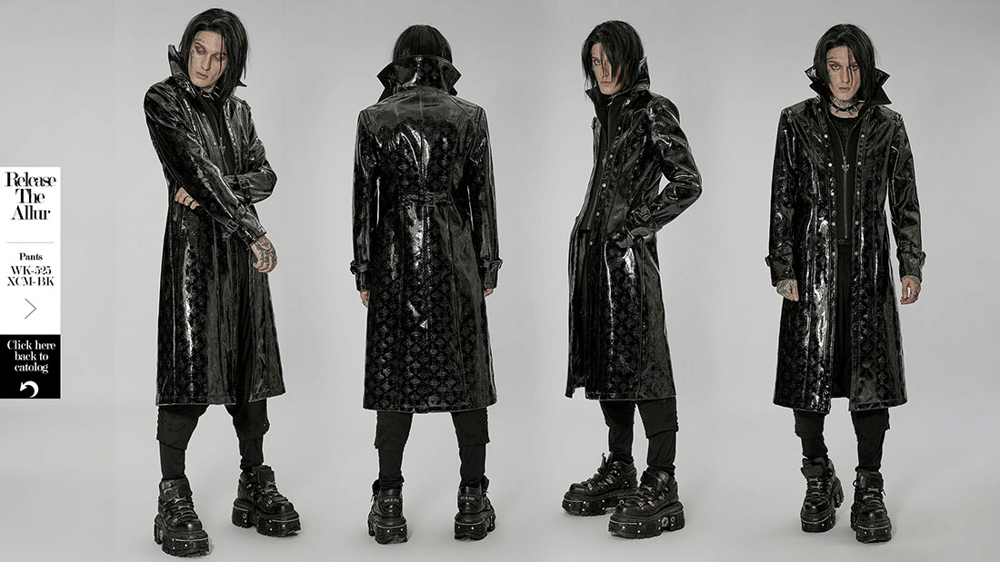 Men's shiny patent leather gothic trench coat with cross detail, showcasing a sleek silhouette and stylish double stand collar.
