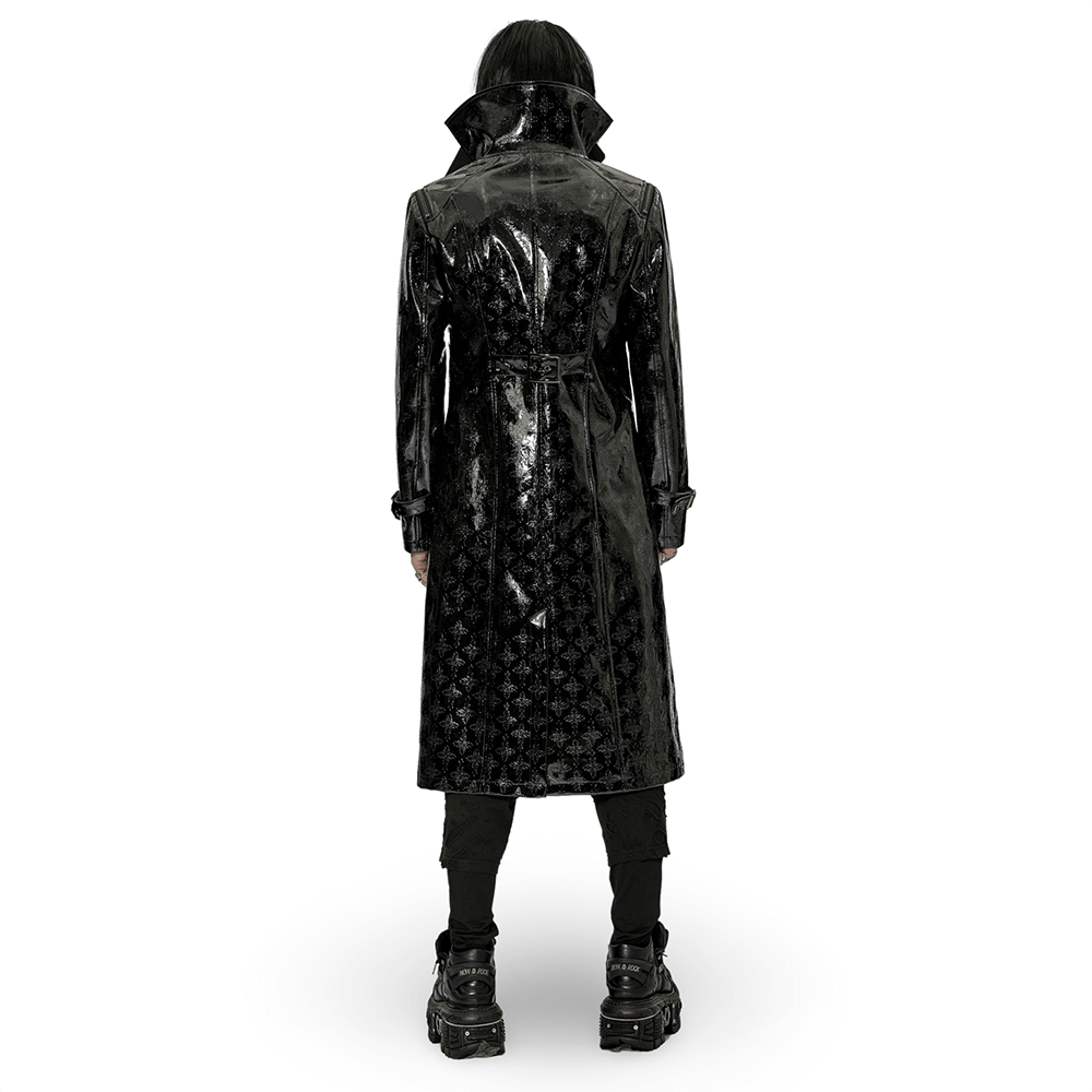 Men's Shiny Patent Leather Gothic Trench Coat with Cross Detail - HARD'N'HEAVY
