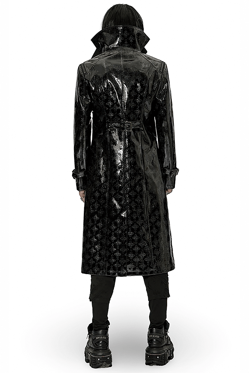 Back view of Men's Shiny Patent Leather Gothic Trench Coat showcasing cross detail and elegant fit.