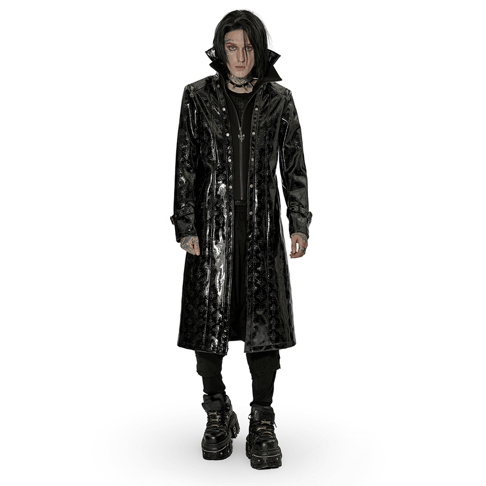 Men's Shiny Patent Leather Gothic Trench Coat with Cross Detail - HARD'N'HEAVY