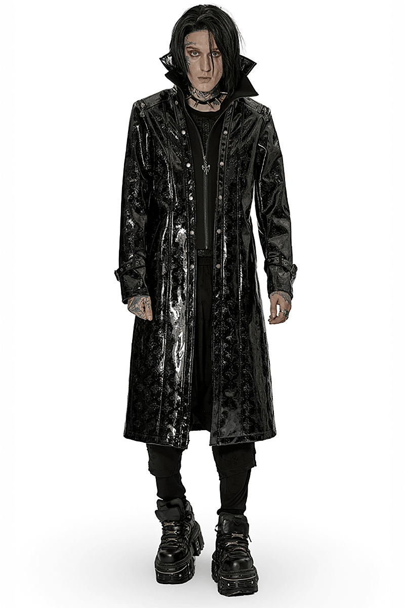 Men's shiny patent leather gothic trench coat with cross detail, showcasing a sleek silhouette and stylish design.
