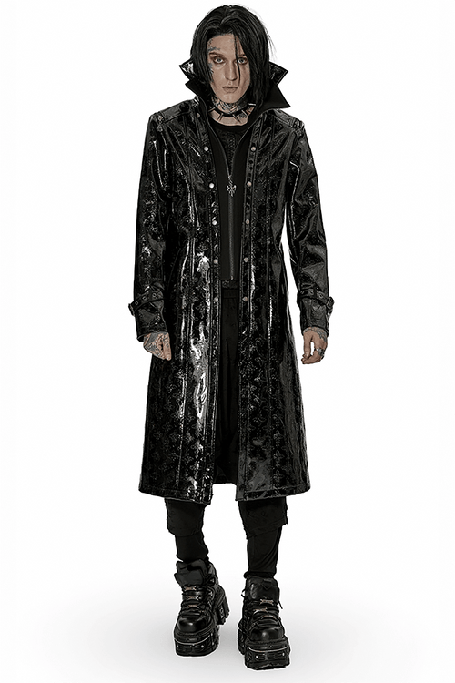 Trench gothique en cuir verni brillant pour hommes avec détail croisé