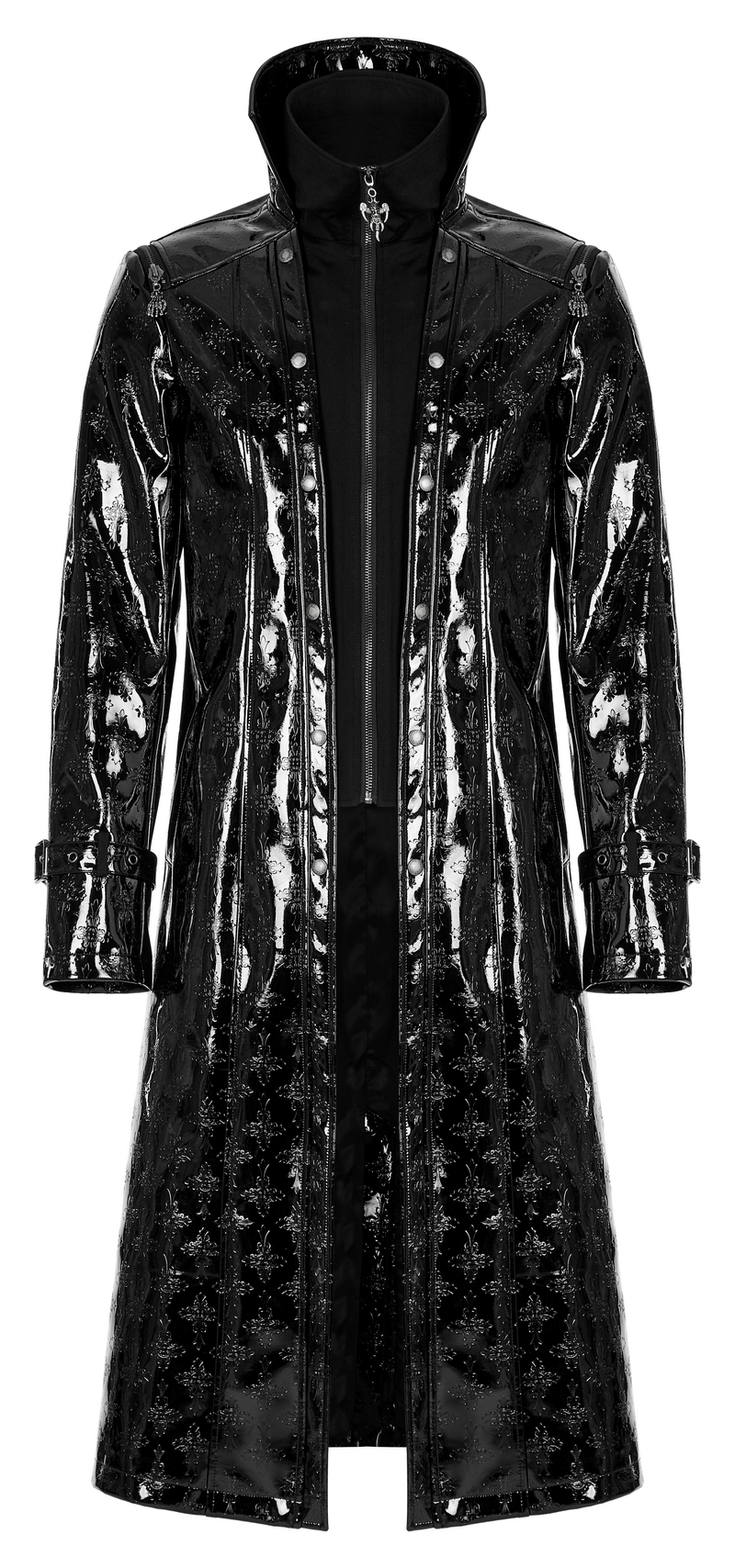 Men's shiny patent leather gothic trench coat with cross detail, tailored fit, and double stand collar.