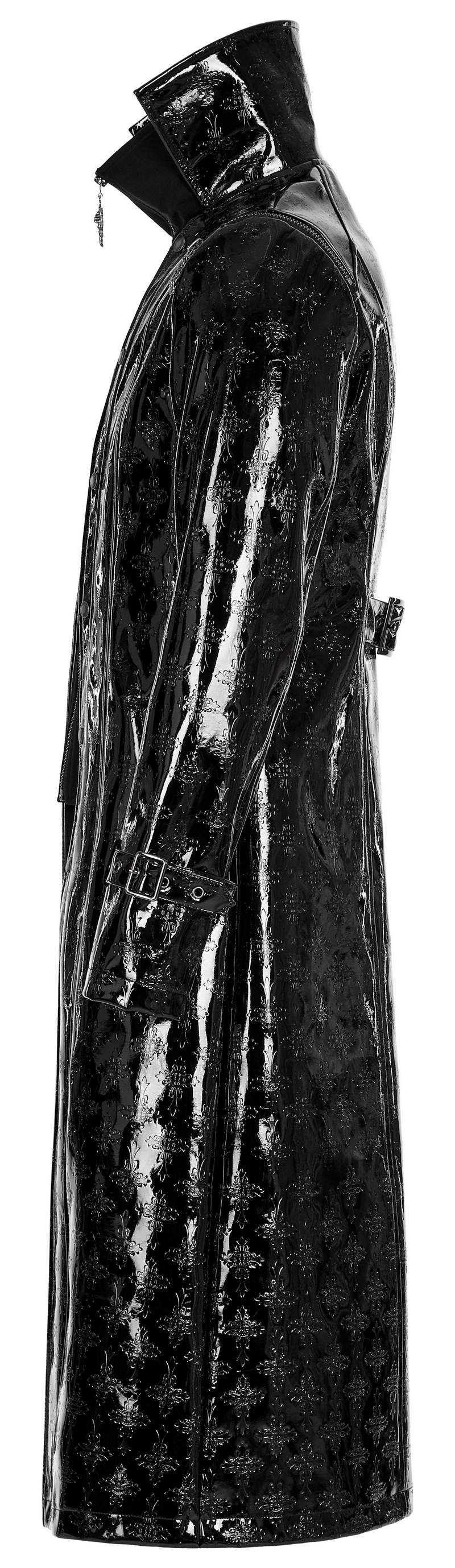 Men's gothic shiny patent leather trench coat with cross detail, featuring a sleek side view.