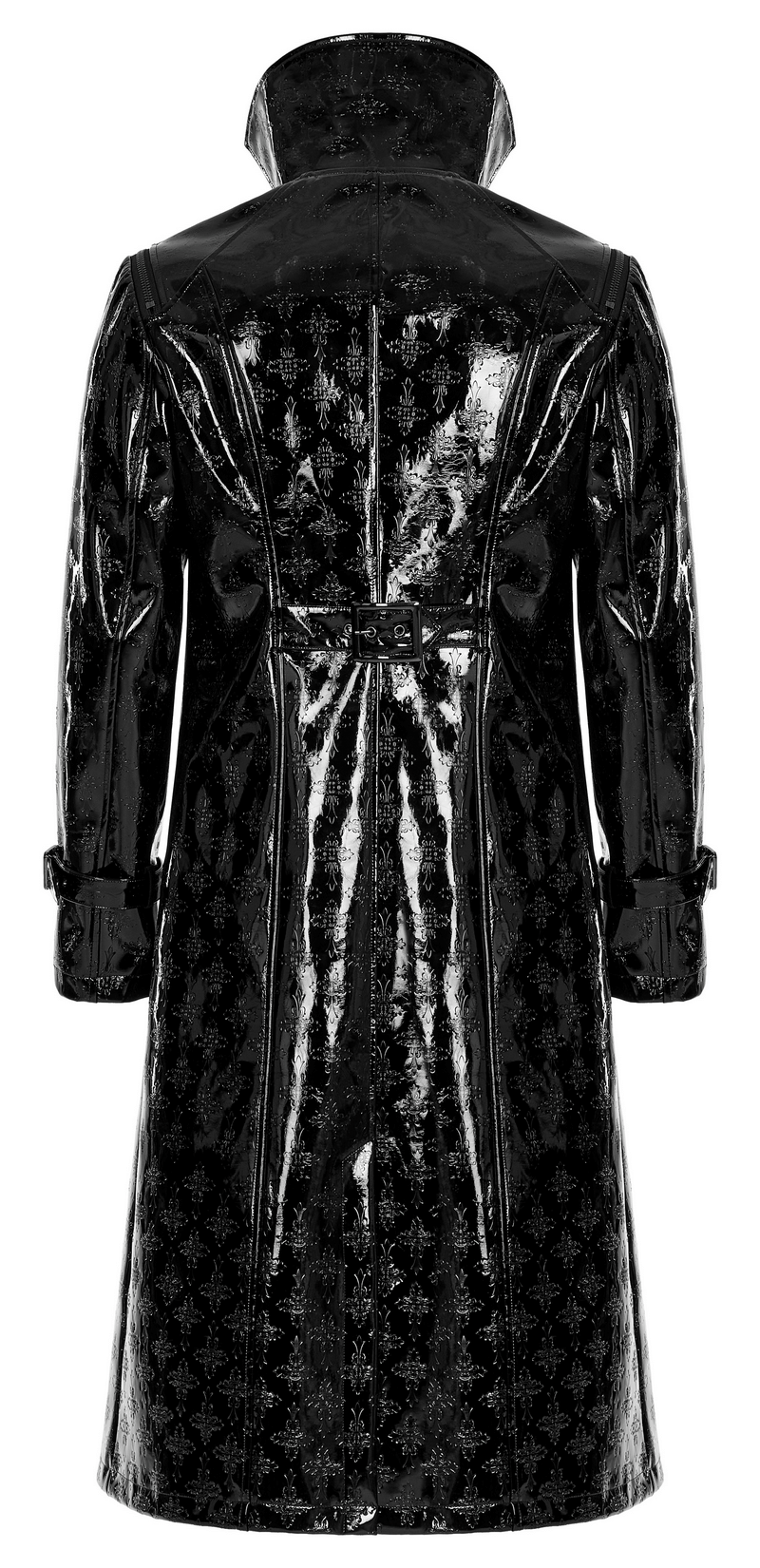 Men's shiny patent leather gothic trench coat with cross detail, showcasing a sleek back view and luxurious finish.