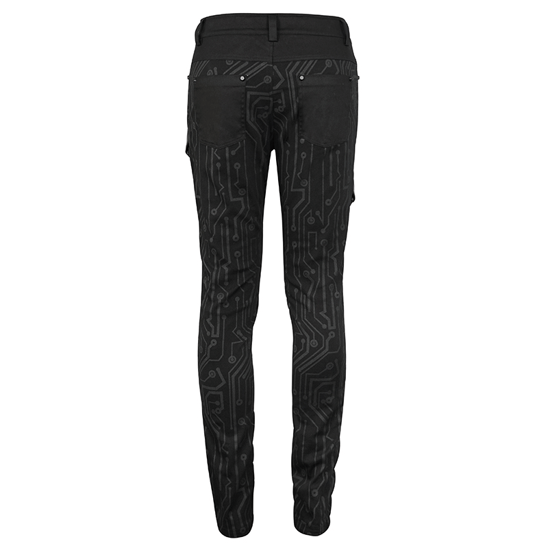 Men's Slim Fitted Buckle Zip Pants in Cyberpunk Style / Male Black Circuit Diagram PrintedTrousers - HARD'N'HEAVY