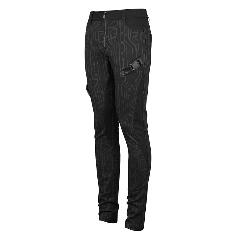 Men's Slim Fitted Buckle Zip Pants in Cyberpunk Style / Male Black Circuit Diagram PrintedTrousers - HARD'N'HEAVY