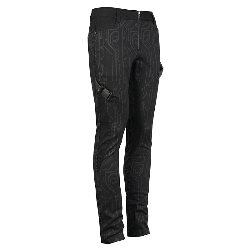Men's Slim Fitted Buckle Zip Pants in Cyberpunk Style / Male Black Circuit Diagram PrintedTrousers - HARD'N'HEAVY