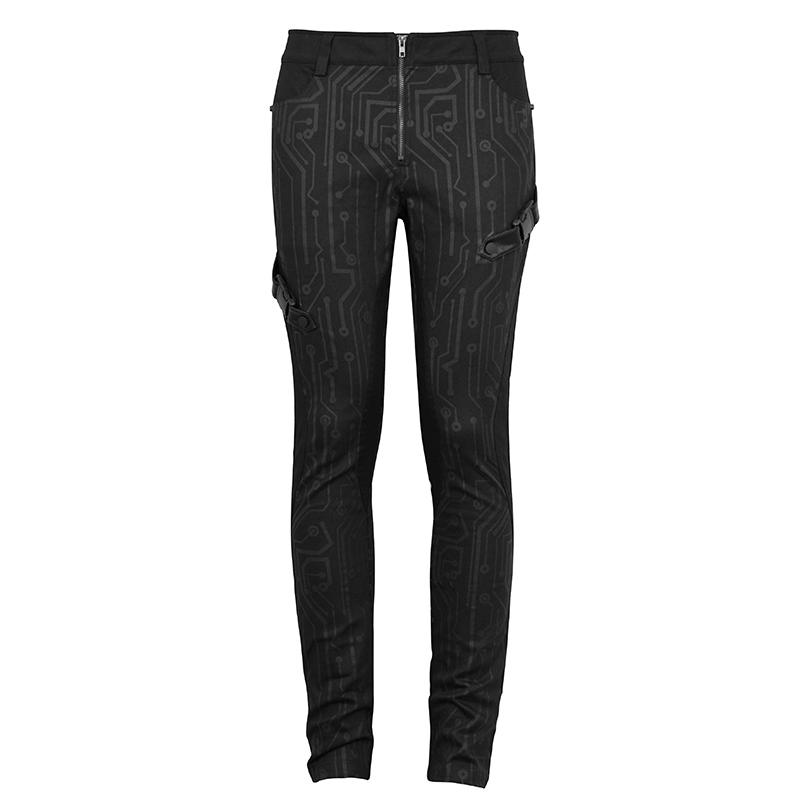 Men's Slim Fitted Buckle Zip Pants in Cyberpunk Style / Male Black Circuit Diagram PrintedTrousers - HARD'N'HEAVY
