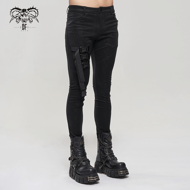 Men's Slim Fitted Buckle Zip Pants in Cyberpunk Style / Male Black Circuit Diagram PrintedTrousers - HARD'N'HEAVY