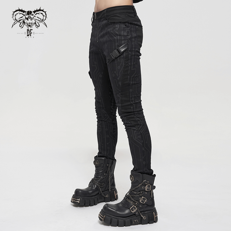 Men's Slim Fitted Buckle Zip Pants in Cyberpunk Style / Male Black Circuit Diagram PrintedTrousers - HARD'N'HEAVY