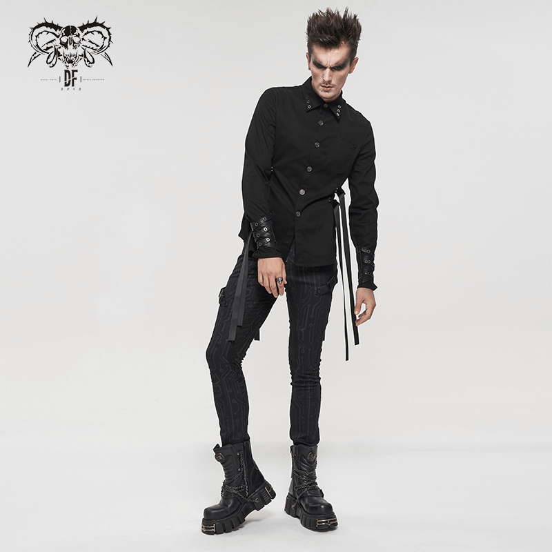 Men's Slim Fitted Buckle Zip Pants in Cyberpunk Style / Male Black Circuit Diagram PrintedTrousers - HARD'N'HEAVY