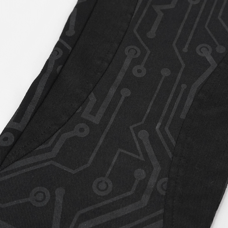 Men's Slim Fitted Buckle Zip Pants in Cyberpunk Style / Male Black Circuit Diagram PrintedTrousers - HARD'N'HEAVY