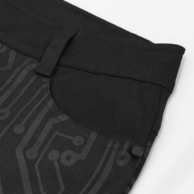 Men's Slim Fitted Buckle Zip Pants in Cyberpunk Style / Male Black Circuit Diagram PrintedTrousers - HARD'N'HEAVY