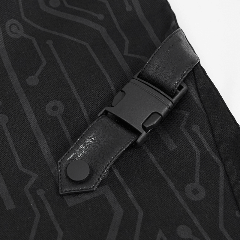 Men's Slim Fitted Buckle Zip Pants in Cyberpunk Style / Male Black Circuit Diagram PrintedTrousers - HARD'N'HEAVY