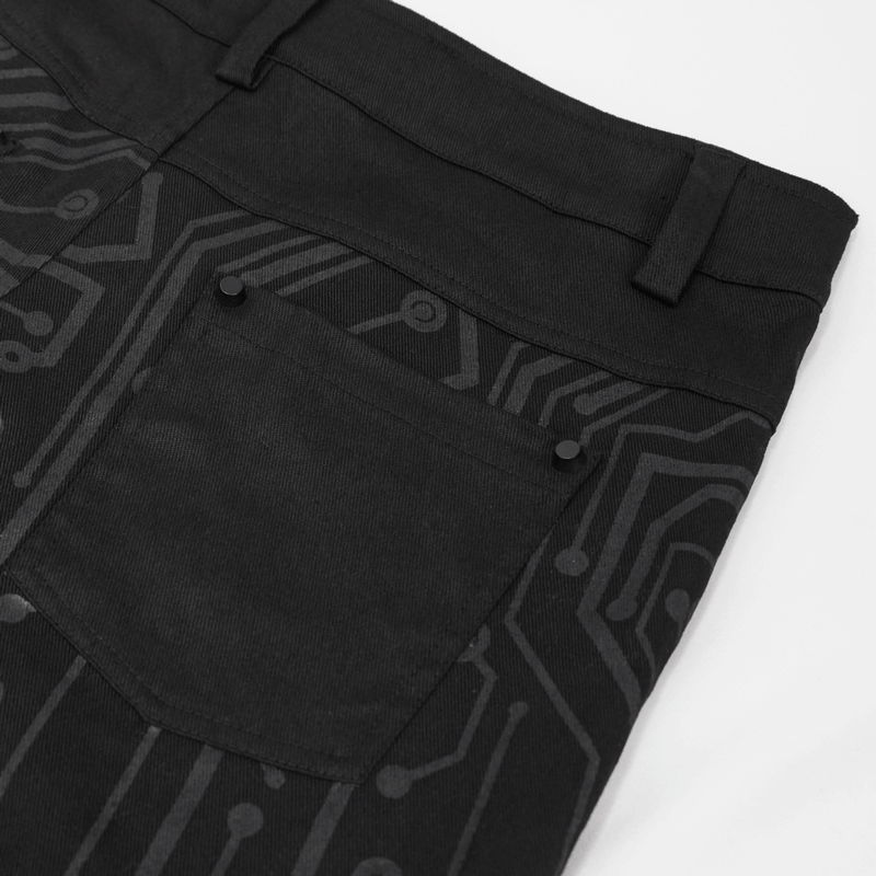 Men's Slim Fitted Buckle Zip Pants in Cyberpunk Style / Male Black Circuit Diagram PrintedTrousers - HARD'N'HEAVY