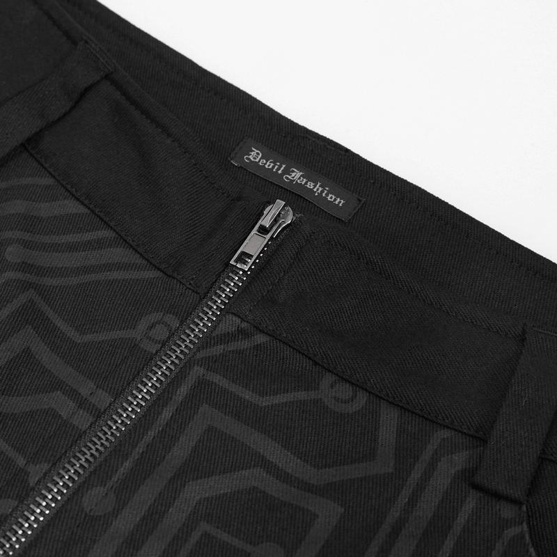 Men's Slim Fitted Buckle Zip Pants in Cyberpunk Style / Male Black Circuit Diagram PrintedTrousers - HARD'N'HEAVY