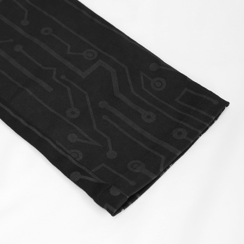 Men's Slim Fitted Buckle Zip Pants in Cyberpunk Style / Male Black Circuit Diagram PrintedTrousers - HARD'N'HEAVY