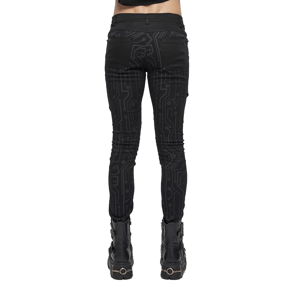 Men's Slim Fitted Buckle Zip Pants in Cyberpunk Style / Male Black Circuit Diagram PrintedTrousers - HARD'N'HEAVY