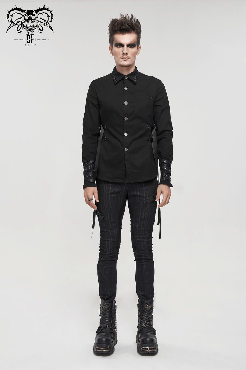 Men's Slim Fitted Buckle Zip Pants in Cyberpunk Style / Male Black Circuit Diagram PrintedTrousers - HARD'N'HEAVY