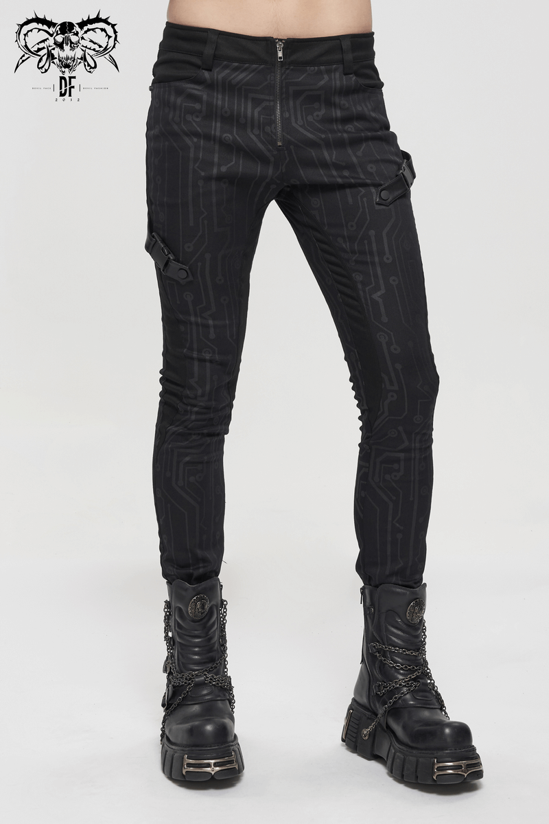 Men's Slim Fitted Buckle Zip Pants in Cyberpunk Style / Male Black Circuit Diagram PrintedTrousers - HARD'N'HEAVY