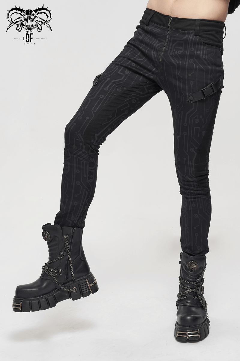 Men's Slim Fitted Buckle Zip Pants in Cyberpunk Style / Male Black Circuit Diagram PrintedTrousers - HARD'N'HEAVY