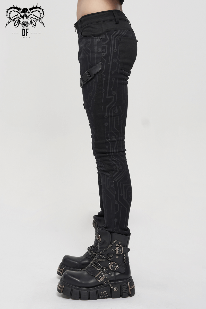 Men's Slim Fitted Buckle Zip Pants in Cyberpunk Style / Male Black Circuit Diagram PrintedTrousers - HARD'N'HEAVY