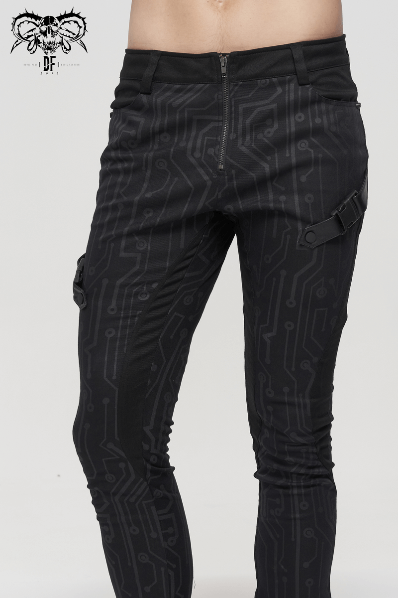 Men's Slim Fitted Buckle Zip Pants in Cyberpunk Style / Male Black Circuit Diagram PrintedTrousers - HARD'N'HEAVY