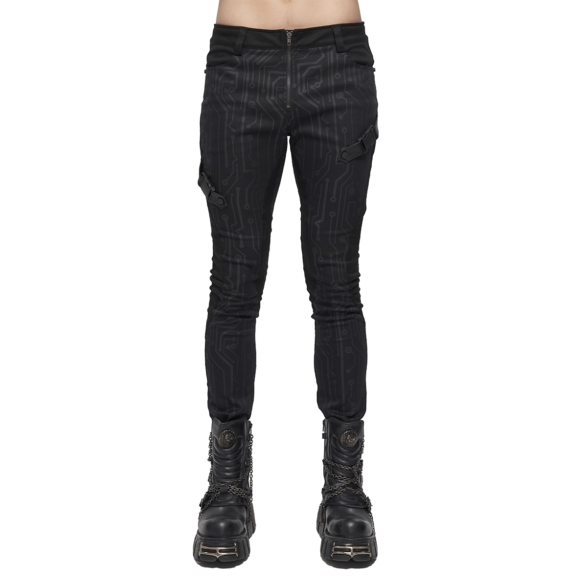 Men's Slim Fitted Buckle Zip Pants in Cyberpunk Style / Male Black Circuit Diagram PrintedTrousers - HARD'N'HEAVY