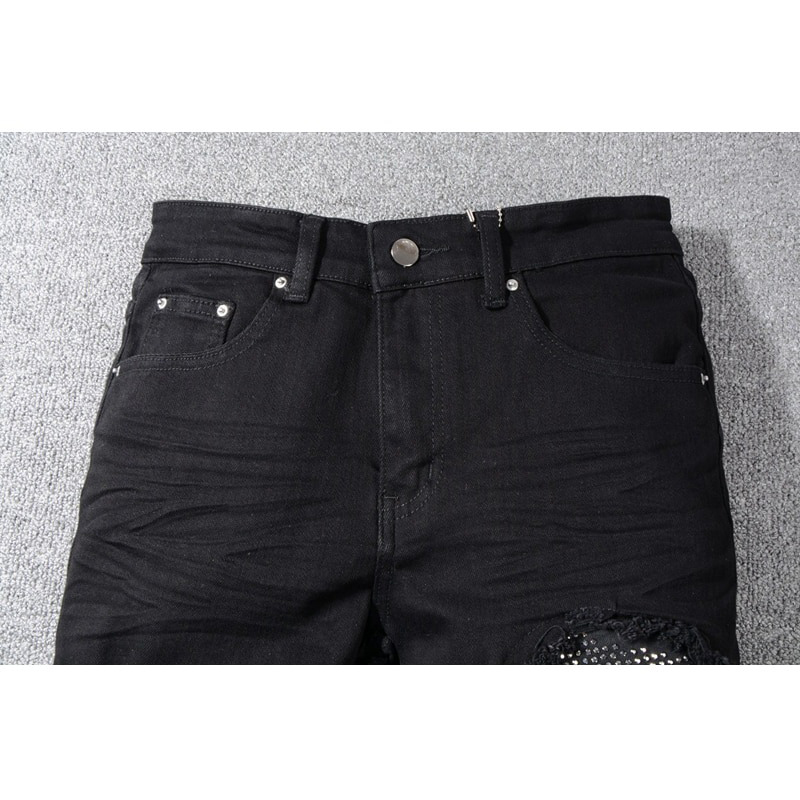 Men's Slim Ripped Jeans With Rhinestones / Fashion Black Stretch Denim Pants - HARD'N'HEAVY