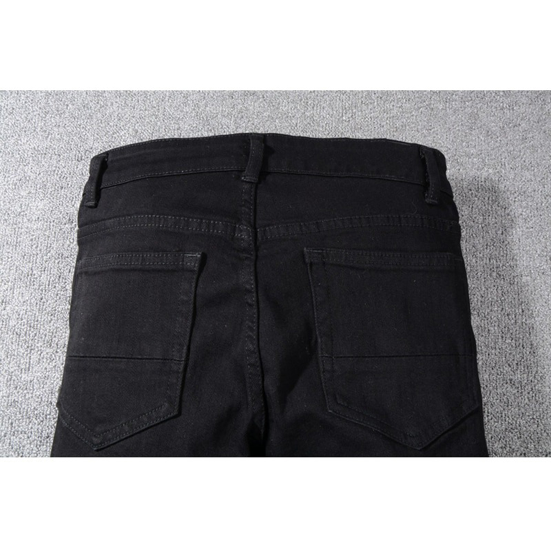 Men's Slim Ripped Jeans With Rhinestones / Fashion Black Stretch Denim Pants - HARD'N'HEAVY