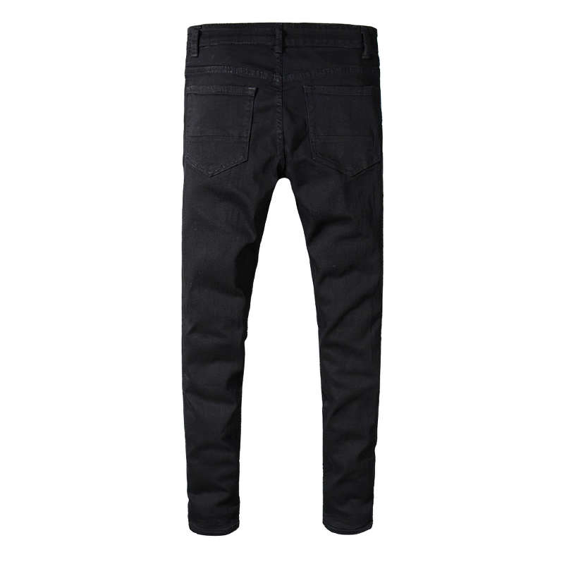 Men's Slim Ripped Jeans With Rhinestones / Fashion Black Stretch Denim Pants - HARD'N'HEAVY