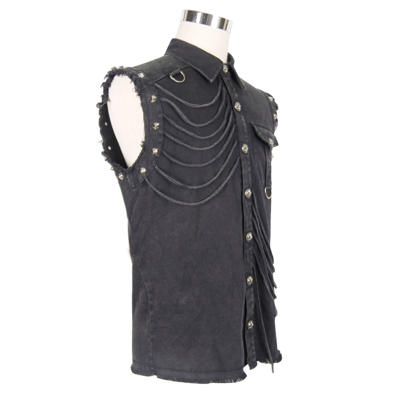 Men's slim sleeveless black shirt featuring decorative buttons and gothic rivets for a stylish look.