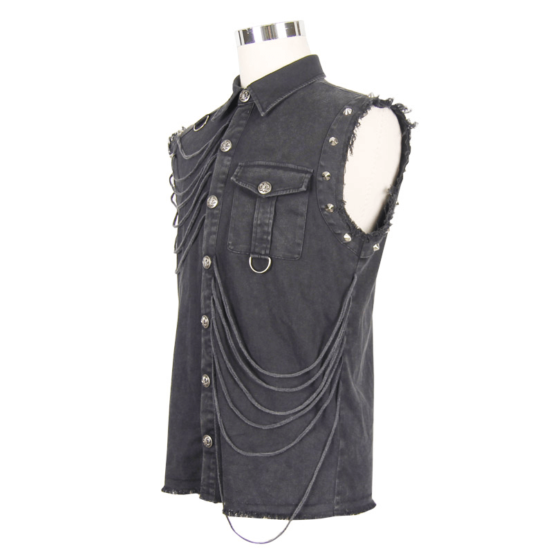 Men's slim sleeveless gothic shirt featuring decorative buttons and chains, stylish black fashion piece.